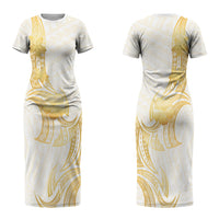 Polynesia White Sunday Couples Matching Short Sleeve Bodycon Dress and Long Sleeve Button Shirt Polynesian Tattoo Plumeria Hibiscus Gold