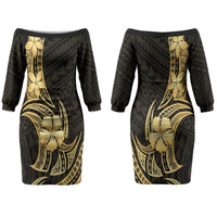 Gold Black Polynesia Hibiscus Plumeria Tattoo Couples Matching Off The Shoulder Long Sleeve Dress and Hawaiian Shirt