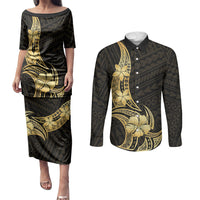 Gold Black Polynesia Hibiscus Plumeria Tattoo Couples Matching Puletasi and Long Sleeve Button Shirt