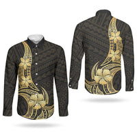 Gold Black Polynesia Hibiscus Plumeria Tattoo Couples Matching Puletasi and Long Sleeve Button Shirt