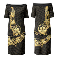 Gold Black Polynesia Hibiscus Plumeria Tattoo Couples Matching Puletasi and Long Sleeve Button Shirt