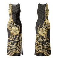 Gold Black Polynesia Hibiscus Plumeria Tattoo Couples Matching Tank Maxi Dress and Hawaiian Shirt