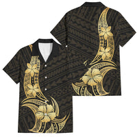 Gold Black Polynesia Hibiscus Plumeria Tattoo Family Matching Long Sleeve Bodycon Dress and Hawaiian Shirt