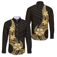 Gold Black Polynesia Hibiscus Plumeria Tattoo Family Matching Short Sleeve Bodycon Dress and Hawaiian Shirt