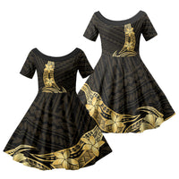 Gold Black Polynesia Hibiscus Plumeria Tattoo Family Matching Short Sleeve Bodycon Dress and Hawaiian Shirt