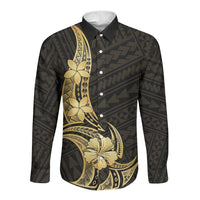 Gold Black Polynesia Hibiscus Plumeria Tattoo Long Sleeve Button Shirt