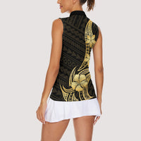 Gold Black Polynesia Hibiscus Plumeria Tattoo Women Sleeveless Polo Shirt