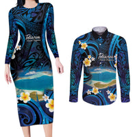 French Polynesia Tetiaroa Atoll Couples Matching Long Sleeve Bodycon Dress and Long Sleeve Button Shirt Polynesian Curves Style LT14 Blue - Polynesian Pride