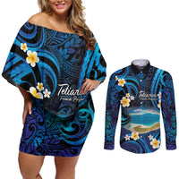 French Polynesia Tetiaroa Atoll Couples Matching Off Shoulder Short Dress and Long Sleeve Button Shirt Polynesian Curves Style LT14 Blue - Polynesian Pride