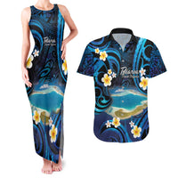 French Polynesia Tetiaroa Atoll Couples Matching Tank Maxi Dress and Hawaiian Shirt Polynesian Curves Style LT14 Blue - Polynesian Pride