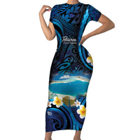 French Polynesia Tetiaroa Atoll Short Sleeve Bodycon Dress Polynesian Curves Style LT14 Long Dress Blue - Polynesian Pride