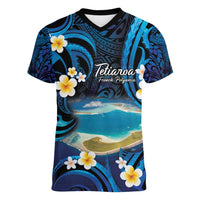 French Polynesia Tetiaroa Atoll Women V-Neck T-Shirt Polynesian Curves Style LT14 Female Blue - Polynesian Pride