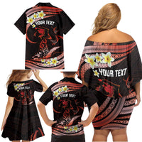 Personalised Tahiti Bora Bora Family Matching Off Shoulder Short Dress and Hawaiian Shirt Manta Rays With Polynesian Plumeria