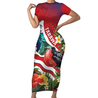 Personalised Kiribati Tarawa Atoll Short Sleeve Bodycon Dress Frigate Bird With Map Tropical Style LT14 Long Dress Red - Polynesian Pride