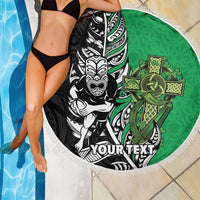 New Zealand and Ireland Rugby Custom Beach Blanket Maori Tiki Fern Irish Celtic Cross - Polynesian Pride