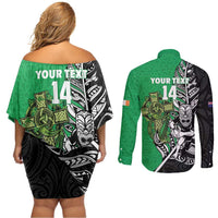 New Zealand and Ireland Rugby Custom Couples Matching Off Shoulder Short Dress and Long Sleeve Button Shirt Maori Tiki Fern Irish Celtic Cross - Polynesian Pride