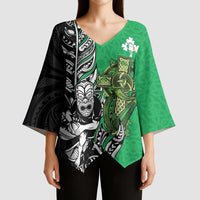 New Zealand and Ireland Rugby Custom Kimono Sleeve Blouse Maori Tiki Fern Irish Celtic Cross - Polynesian Pride