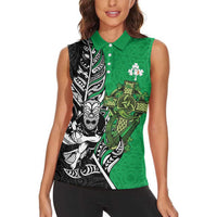 New Zealand and Ireland Rugby Custom Women Sleeveless Polo Shirt Maori Tiki Fern Irish Celtic Cross - Polynesian Pride