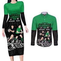 New Zealand and Ireland Rugby Custom Couples Matching Long Sleeve Bodycon Dress and Long Sleeve Button Shirt Chicago 2025 Go All Black Shamrocks - Polynesian Pride