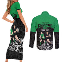 New Zealand and Ireland Rugby Custom Couples Matching Short Sleeve Bodycon Dress and Long Sleeve Button Shirt Chicago 2025 Go All Black Shamrocks - Polynesian Pride