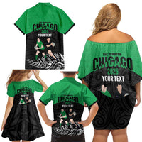 New Zealand and Ireland Rugby Custom Family Matching Off Shoulder Short Dress and Hawaiian Shirt Chicago 2025 Go All Black Shamrocks - Polynesian Pride