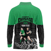 New Zealand and Ireland Rugby Custom Long Sleeve Polo Shirt Chicago 2025 Go All Black Shamrocks - Polynesian Pride