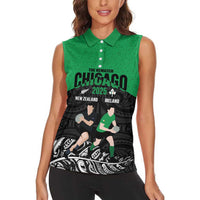New Zealand and Ireland Rugby Custom Women Sleeveless Polo Shirt Chicago 2025 Go All Black Shamrocks - Polynesian Pride