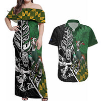 New Zealand and South Africa Rugby Custom Couples Matching Off Shoulder Maxi Dress and Hawaiian Shirt Maori Tiki Fern Springboks Kente Pattern - Polynesian Pride