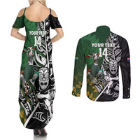 New Zealand and South Africa Rugby Custom Couples Matching Summer Maxi Dress and Long Sleeve Button Shirt Maori Tiki Fern Springboks Kente Pattern - Polynesian Pride