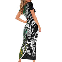 New Zealand and South Africa Rugby Custom Family Matching Short Sleeve Bodycon Dress and Hawaiian Shirt Maori Tiki Fern Springboks Kente Pattern - Polynesian Pride