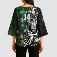 New Zealand and South Africa Rugby Custom Kimono Sleeve Blouse Maori Tiki Fern Springboks Kente Pattern - Polynesian Pride