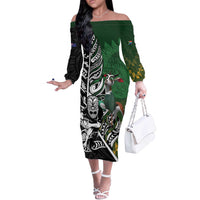 New Zealand and South Africa Rugby Custom Off The Shoulder Long Sleeve Dress Maori Tiki Fern Springboks Kente Pattern - Polynesian Pride