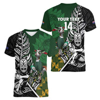 New Zealand and South Africa Rugby Custom Women V-Neck T-Shirt Maori Tiki Fern Springboks Kente Pattern - Polynesian Pride