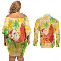 Aloha Hawaii Christmas Couples Matching Off Shoulder Short Dress and Long Sleeve Button Shirt Mele Kalikimaka Funny Santa Palaka Quilt Motifs - Polynesian Pride