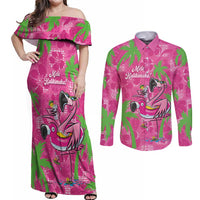 Aloha Hawaii Christmas Couples Matching Off Shoulder Maxi Dress and Long Sleeve Button Shirt Mele Kalikimaka Chill Flamingo Palaka Quilt Motifs - Polynesian Pride
