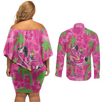 Aloha Hawaii Christmas Couples Matching Off Shoulder Short Dress and Long Sleeve Button Shirt Mele Kalikimaka Chill Flamingo Palaka Quilt Motifs - Polynesian Pride