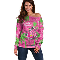Aloha Hawaii Christmas Off Shoulder Sweater Mele Kalikimaka Chill Flamingo Palaka Quilt Motifs - Polynesian Pride
