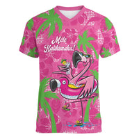 Aloha Hawaii Christmas Women V-Neck T-Shirt Mele Kalikimaka Chill Flamingo Palaka Quilt Motifs - Polynesian Pride