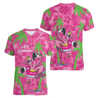 Aloha Hawaii Christmas Women V-Neck T-Shirt Mele Kalikimaka Chill Flamingo Palaka Quilt Motifs - Polynesian Pride
