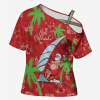 Aloha Hawaii Christmas Cross Shoulder Shirt Mele Kalikimaka Windsurfing Santa Palaka Quilt Motifs - Polynesian Pride