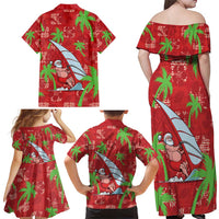 Aloha Hawaii Christmas Family Matching Off Shoulder Maxi Dress and Hawaiian Shirt Mele Kalikimaka Windsurfing Santa Palaka Quilt Motifs - Polynesian Pride
