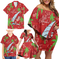Aloha Hawaii Christmas Family Matching Off Shoulder Short Dress and Hawaiian Shirt Mele Kalikimaka Windsurfing Santa Palaka Quilt Motifs - Polynesian Pride