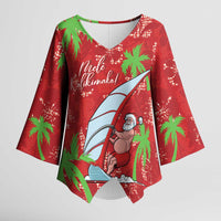 Aloha Hawaii Christmas Kimono Sleeve Blouse Mele Kalikimaka Windsurfing Santa Palaka Quilt Motifs - Polynesian Pride