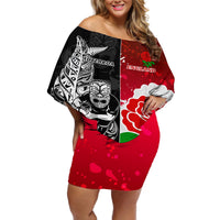 New Zealand And England Rugby Off Shoulder Short Dress 2023 World Cup All Black Combine Red Roses LT14 Women Black - Polynesian Pride