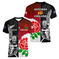 New Zealand And England Rugby Women V Neck T Shirt 2023 World Cup All Black Combine Red Roses LT14 - Polynesian Pride