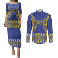 Fakaalofa Lahi Atu Niue Couples Matching Puletasi and Long Sleeve Button Shirt Siapo Pattern With Puakenikeni LT14 Blue - Polynesian Pride
