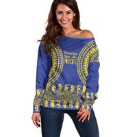 Fakaalofa Lahi Atu Niue Off Shoulder Sweater Siapo Pattern With Puakenikeni