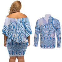 Niue Language Week Couples Matching Off Shoulder Short Dress and Long Sleeve Button Shirt The Rock Coconut Crab - Siapo Blue Pastel
