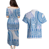 Niue Language Week Couples Matching Puletasi and Hawaiian Shirt The Rock Coconut Crab - Siapo Blue Pastel LT14 - Polynesian Pride