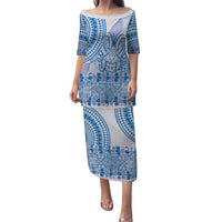 Niue Language Week Puletasi The Rock Coconut Crab - Siapo Blue Pastel LT14 Long Dress Blue - Polynesian Pride